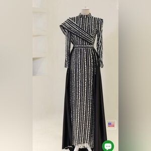Elegant Black and Silver Striped Evening Gown